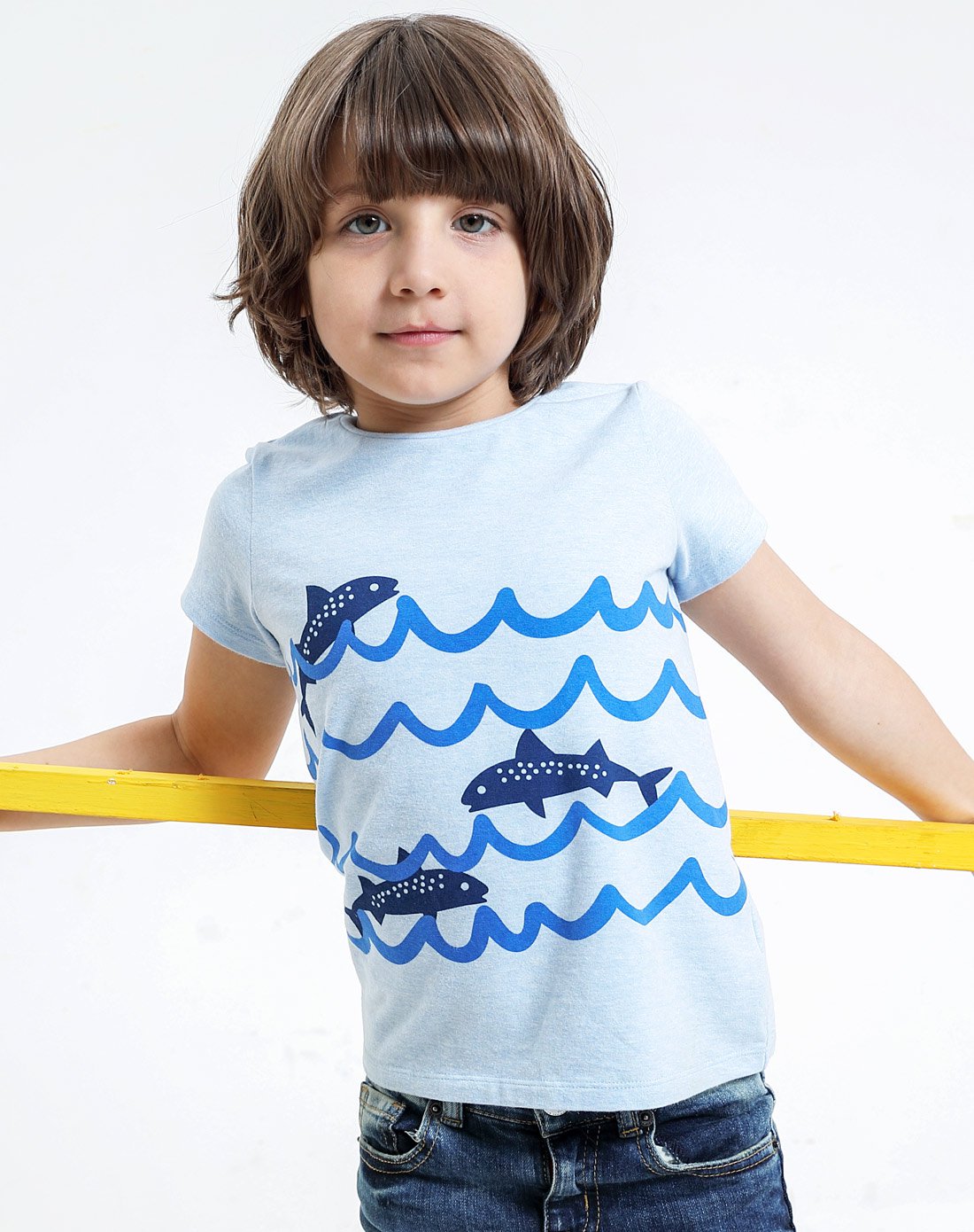 男童海洋印花圆领短袖t恤上衣花灰
