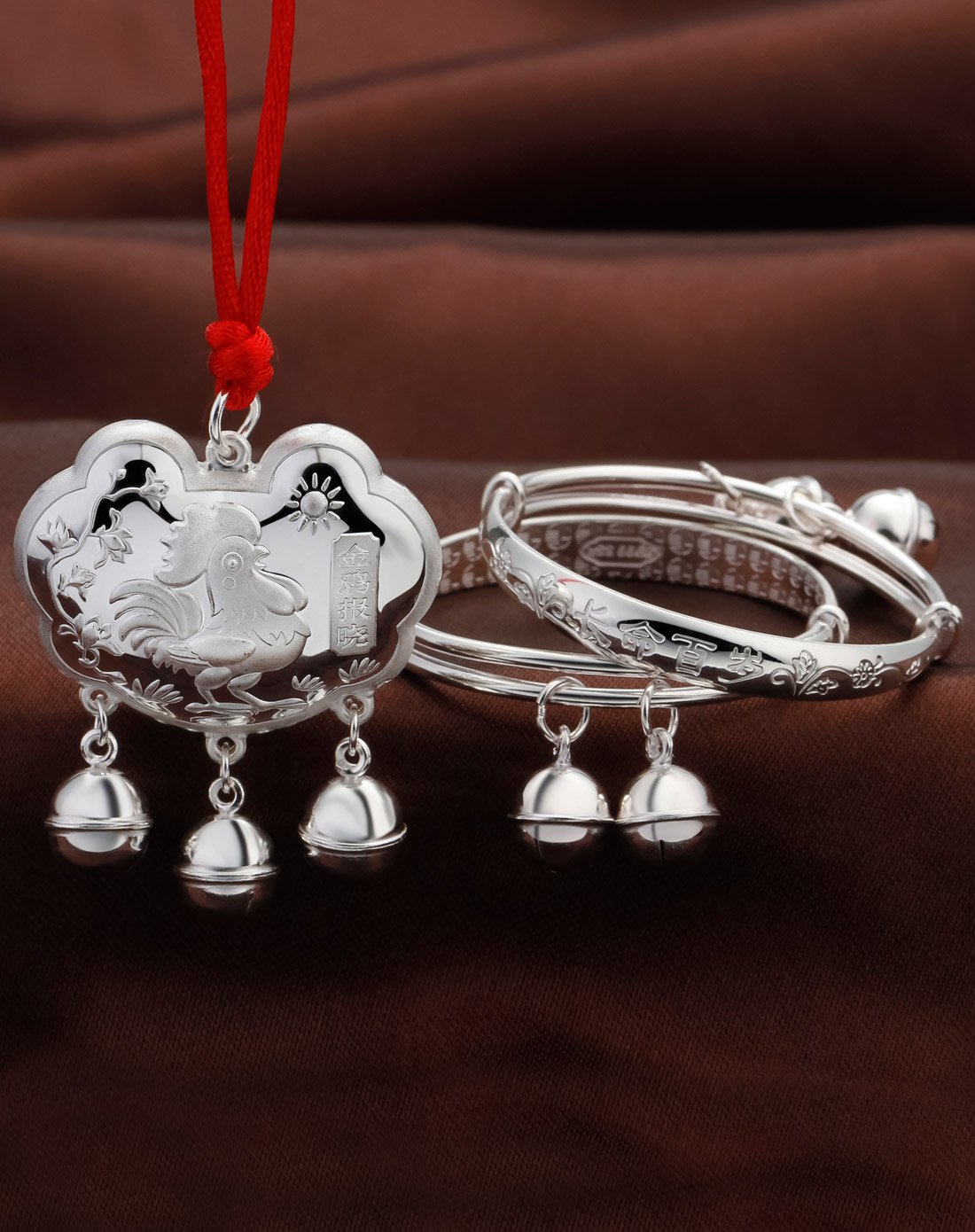 江南银家 足银999 金鸡报晓宝宝银饰套装 三件套