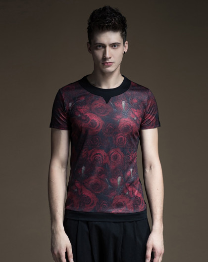 品立pinli男装特卖旗舰店(旧)2017夏季新品玫瑰印花修身休闲短袖t恤b