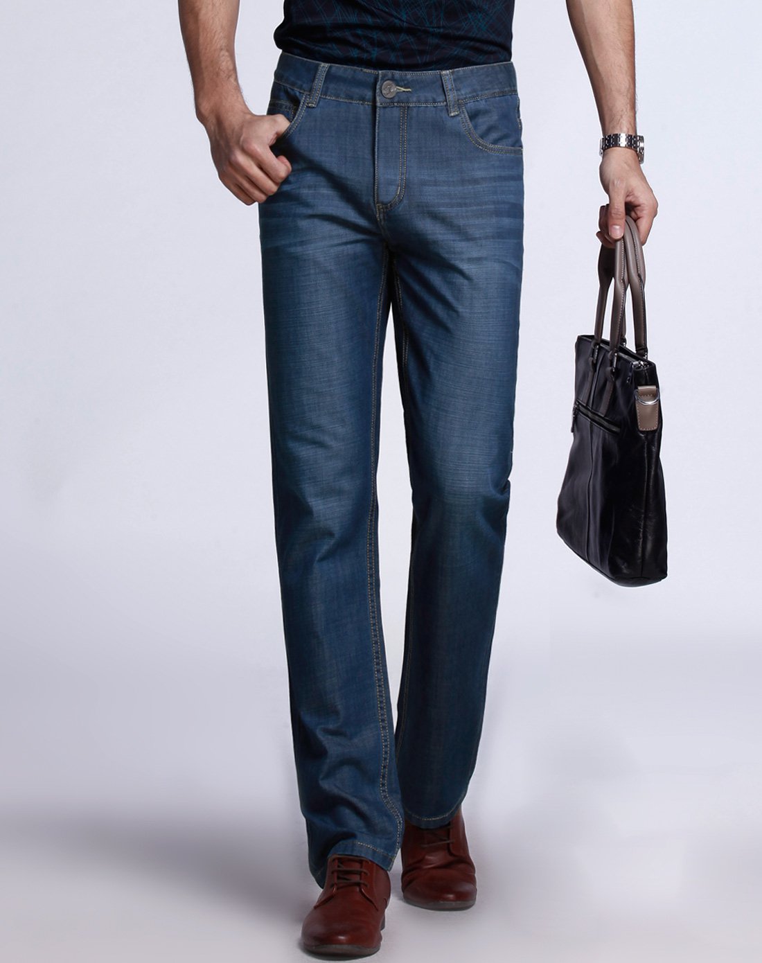 百圆裤业男女裤男款深蓝色个性时尚中腰牛仔长裤蓝黑色3w03j371_唯品