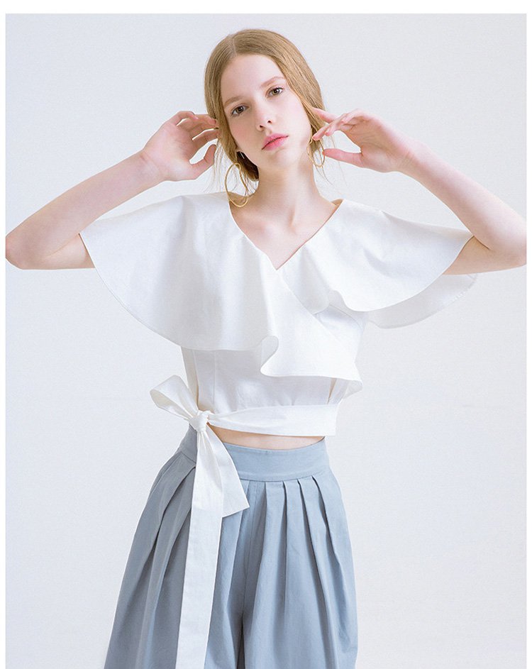 夏款欧美女装v领白色荷叶边短款上衣收腰绑带显瘦时尚t恤