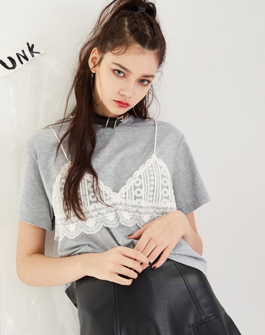 假两件蕾丝抹胸t恤