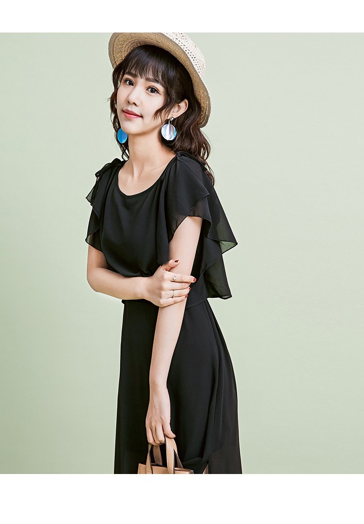 蝴蝶袖松紧收腰雪纺连衣裙黑色
