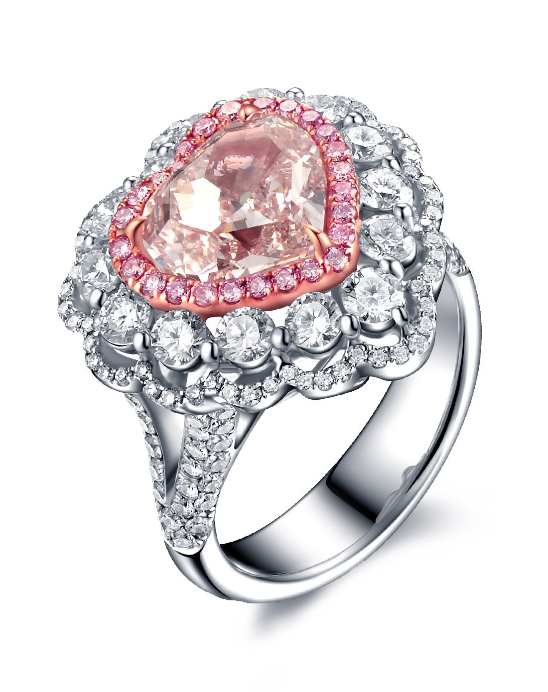 千禧之星 主石3克拉豪华群镶心形粉钻女戒(附gia证书)