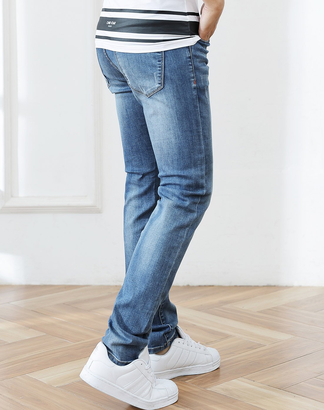 男款时尚修身窄脚裤牛仔长裤牛仔蓝