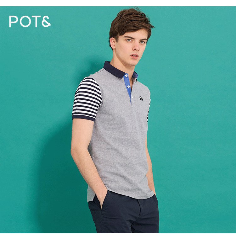 拉夏贝尔旗下pote男装专场 全棉休闲拼接短袖针织男式polo衫 适用季节
