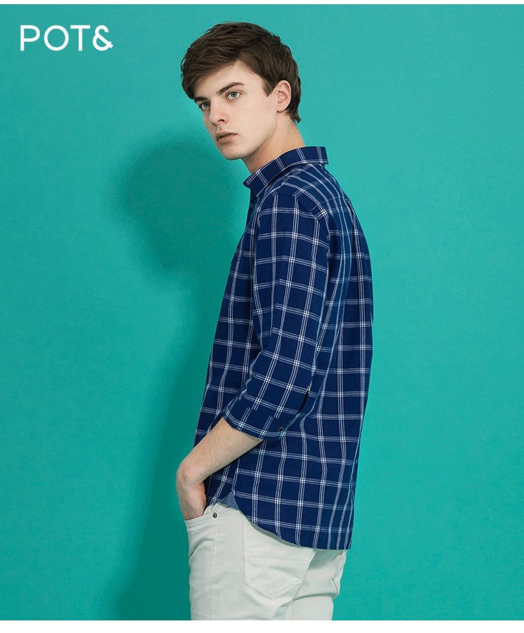 拉夏贝尔旗下pote男装专场 经典格纹棉麻中长袖男式衬衫