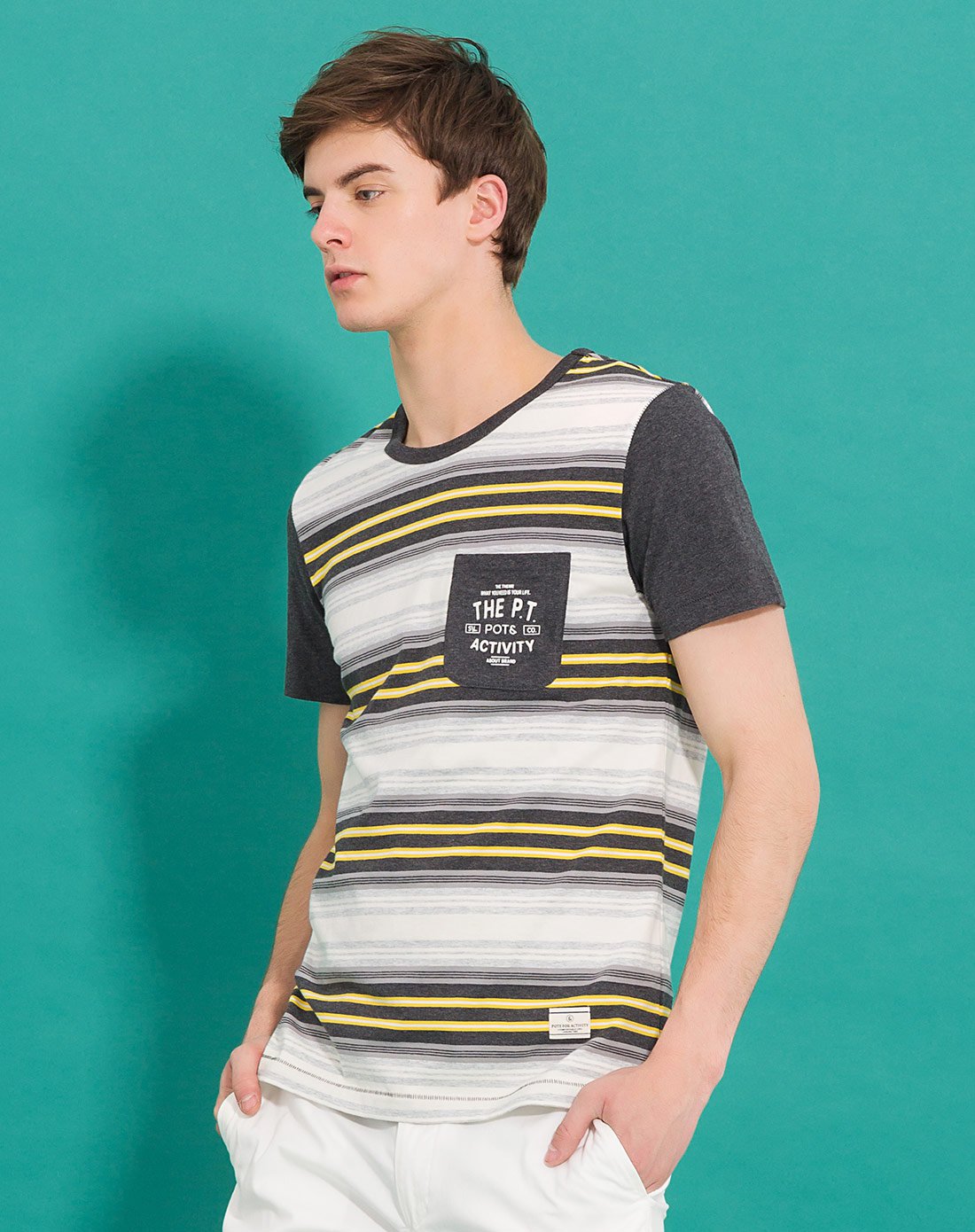 拉夏贝尔旗下pote男装专场 日常简约风全棉拼接短袖男款t恤