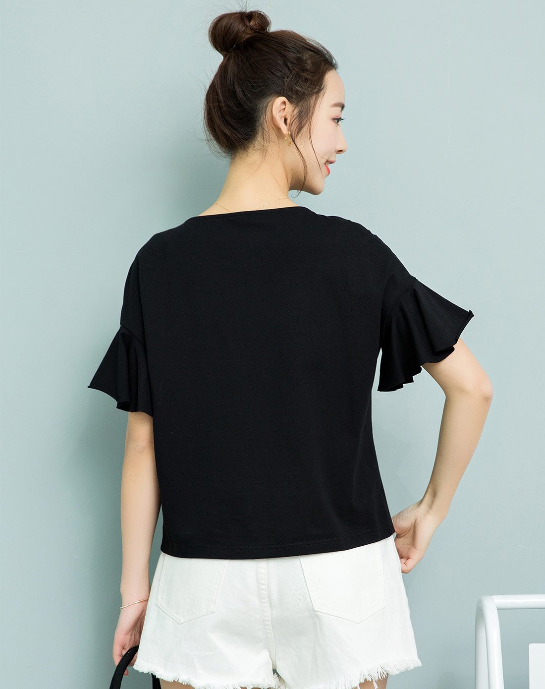 合体七分袖/中袖t恤黑色