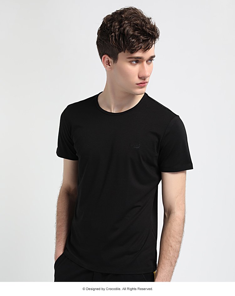 黑色圆领纯色微弹短袖t恤