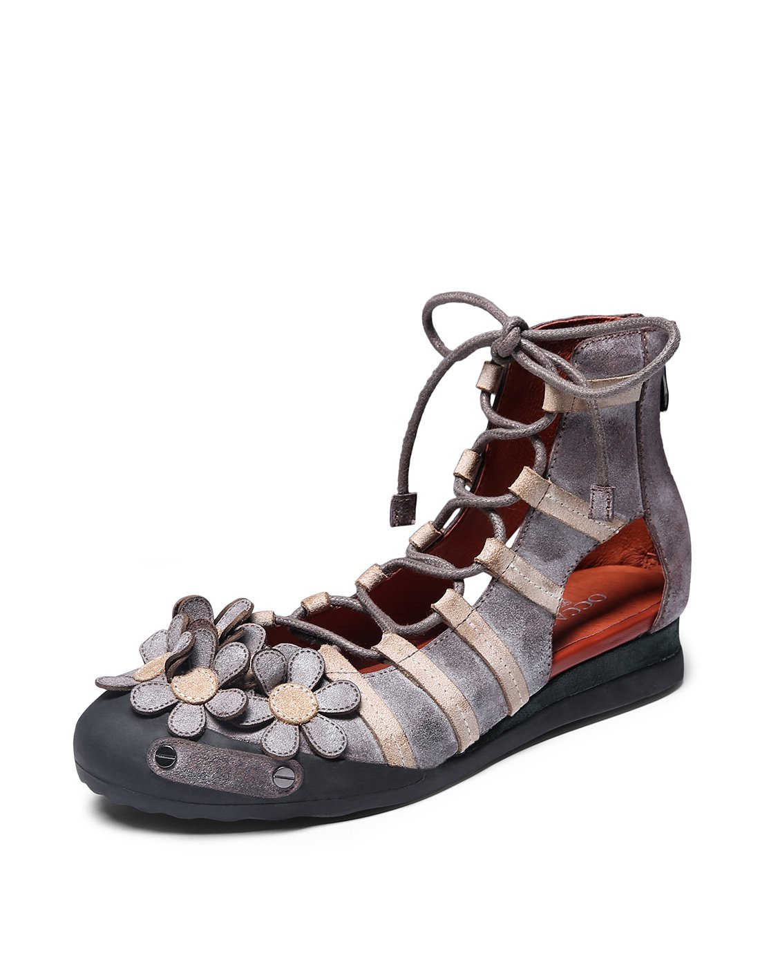 牛皮复古手工花朵绑带罗马鞋平底条纹拉链凉鞋黑色