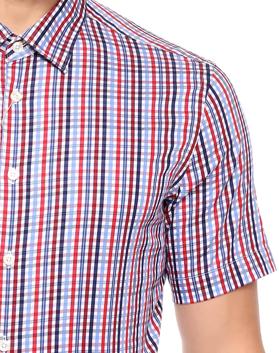 红蓝格年轻时尚全棉休闲短袖衬衫