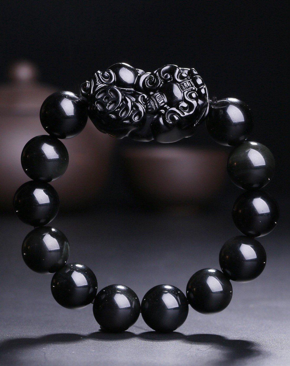 一品翠 天然黑曜石驱邪避煞招财貔貅手链