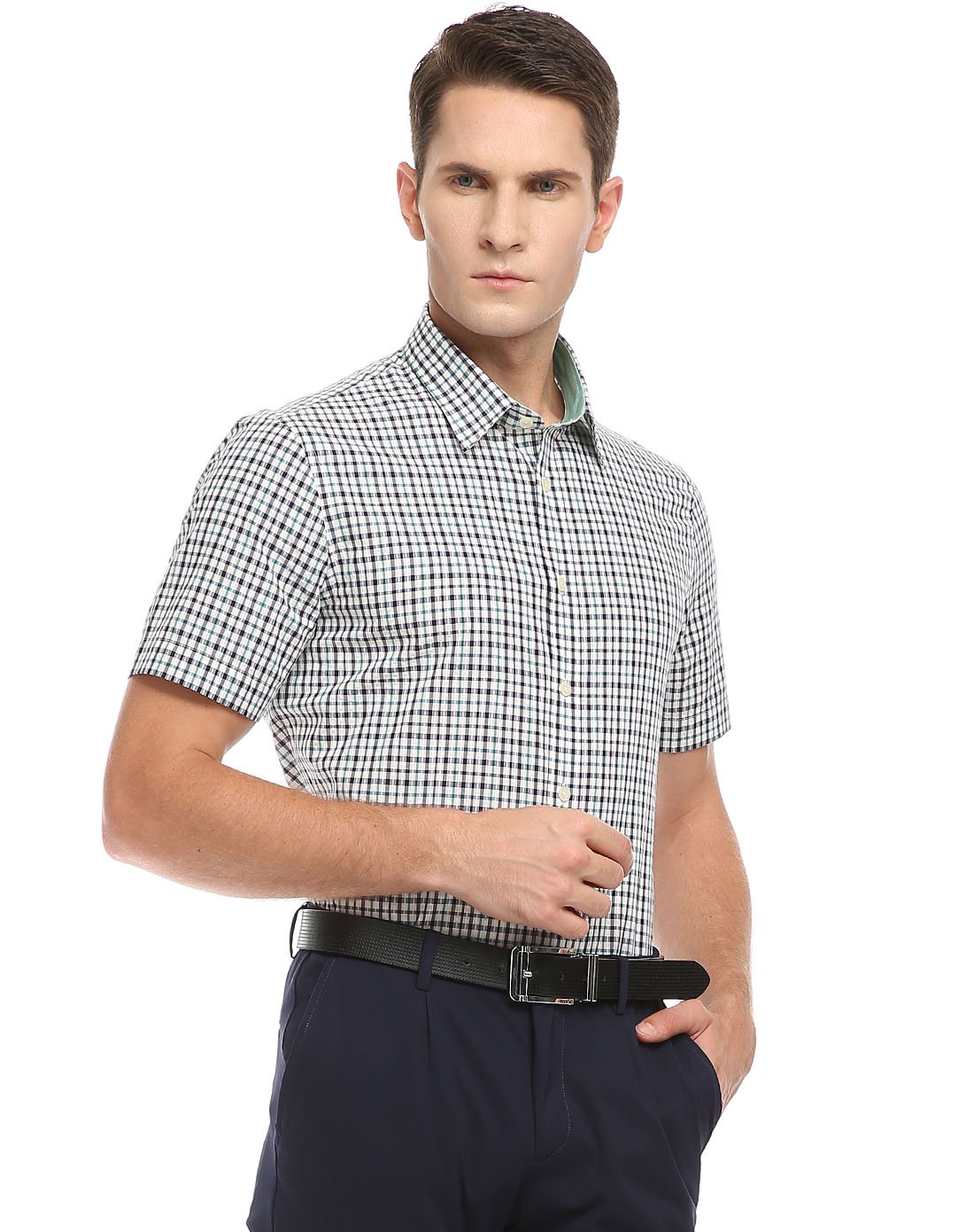 利奥纳多leonardo男装专场 蓝绿中格泡泡沙风格修身短袖衬衫