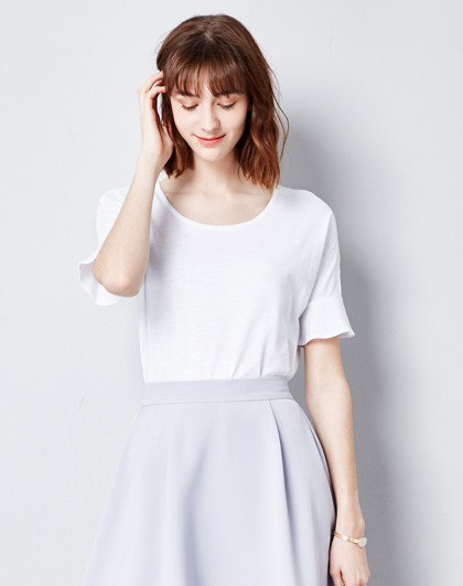 蕾丝拼接连肩喇叭袖短袖t恤靛蓝