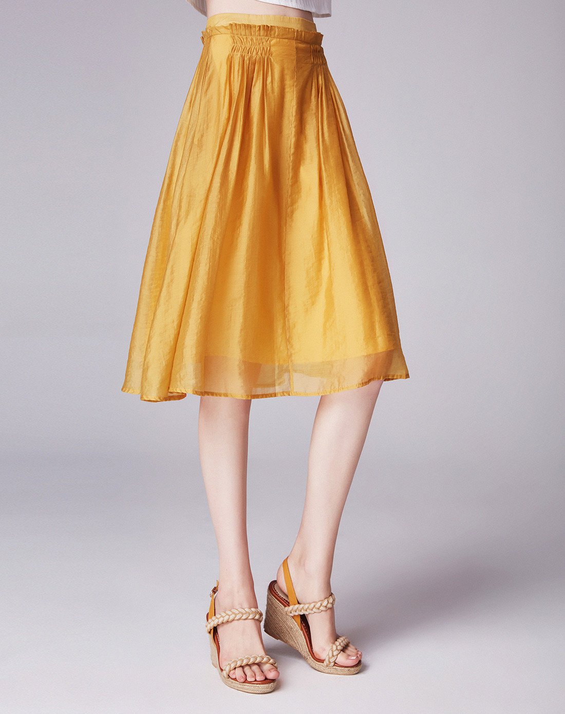 土黄色高腰抽皱纯色百搭半身裙