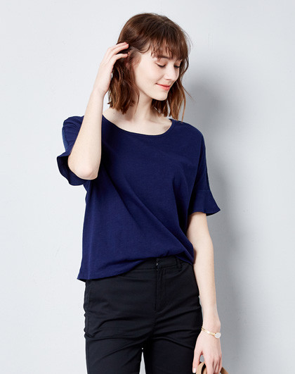 蕾丝拼接连肩喇叭袖短袖t恤靛蓝