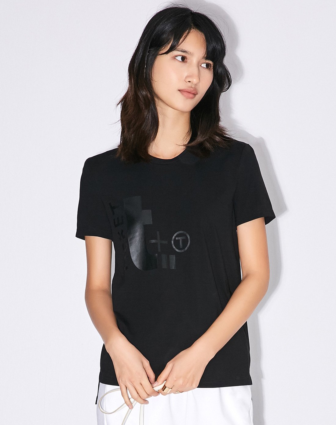 休闲修身棉t恤上衣黑色