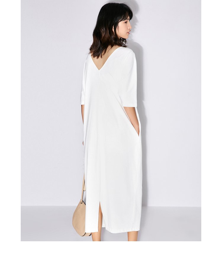 字母印花连衣裙短袖纯棉长裙米白