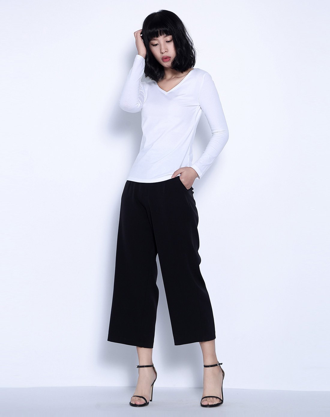 百圆裤业男女裤装女款藏青色宽松九分休闲裤黑色4w14u216_唯品会