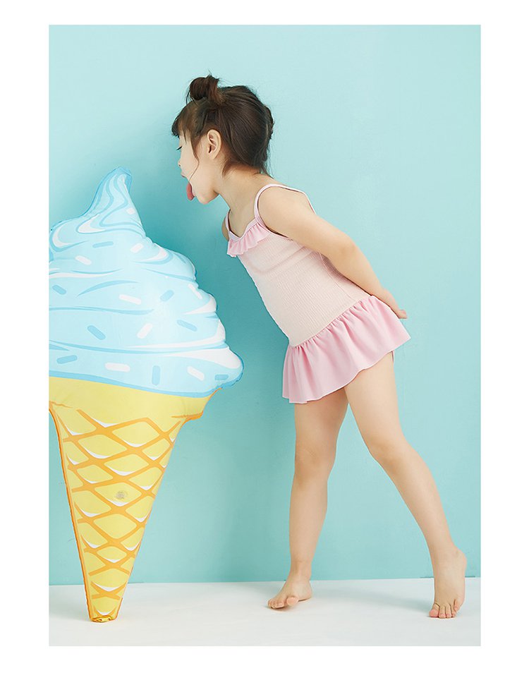 女童清新褶皱荷叶边吊带连体泳衣