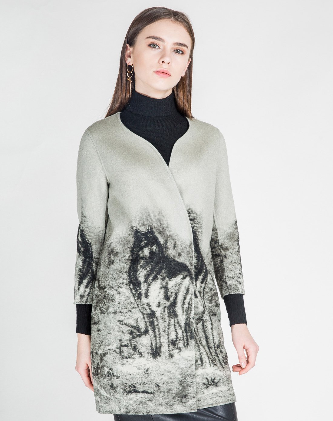 女双面呢v领印花大衣绿灰