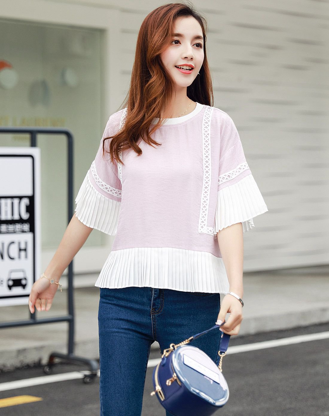 女款撞色花边百褶上衣