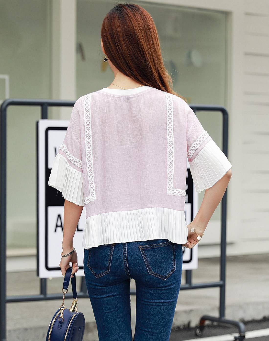 女款撞色花边百褶上衣