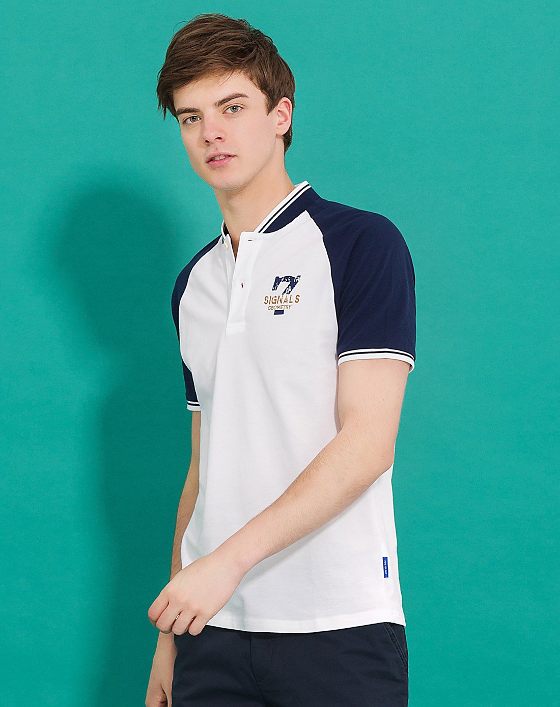 拉夏贝尔旗下pote男装专场 潮流男士纯棉字母拼接薄款polo衫