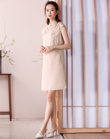 原创文艺复古原身小盖袖改良式旗袍连衣裙