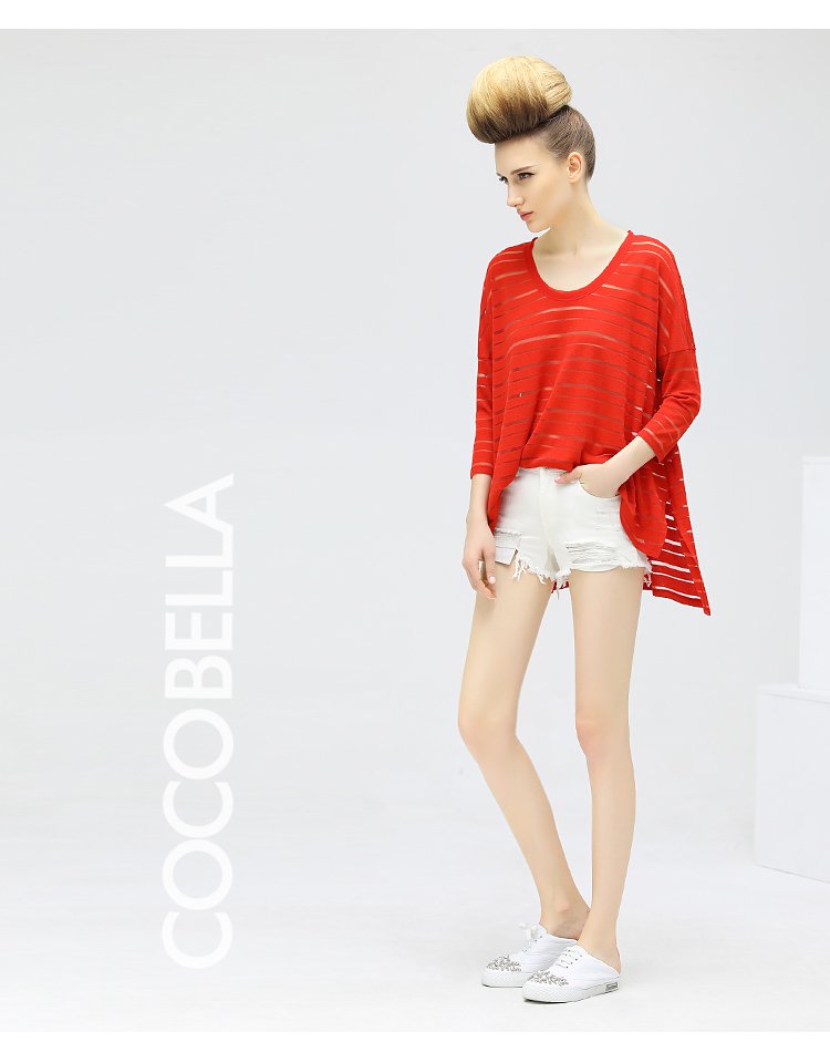 cocobella女装专场 七分袖圆领镂空薄款针织宽松t恤 品牌名称: coco