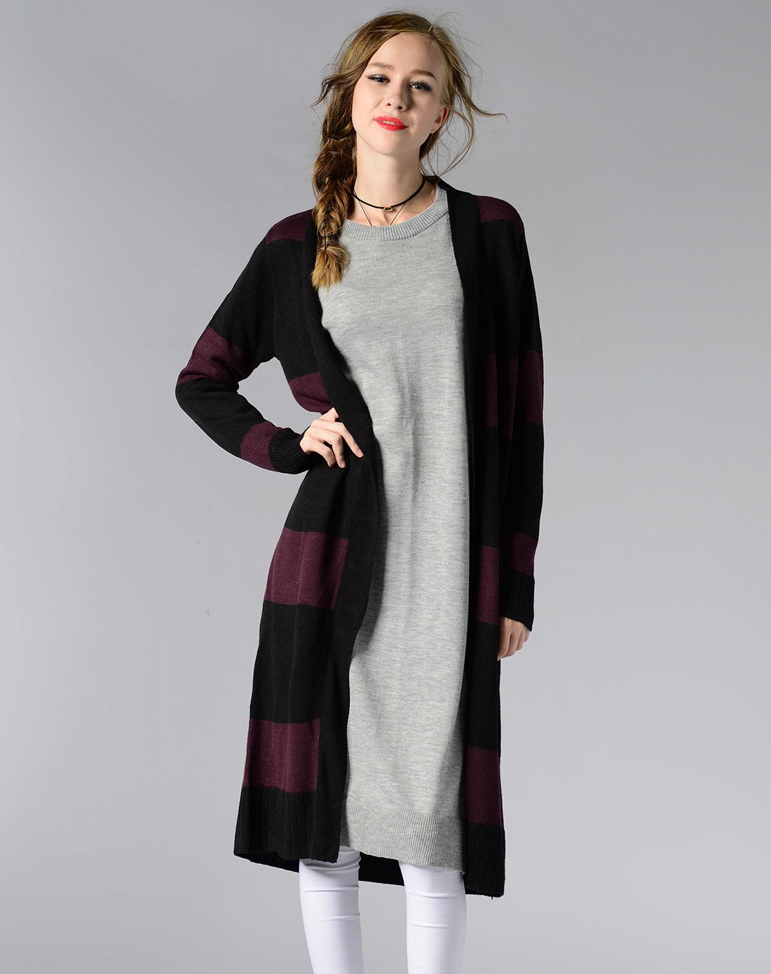 条纹配色长款毛衣外套