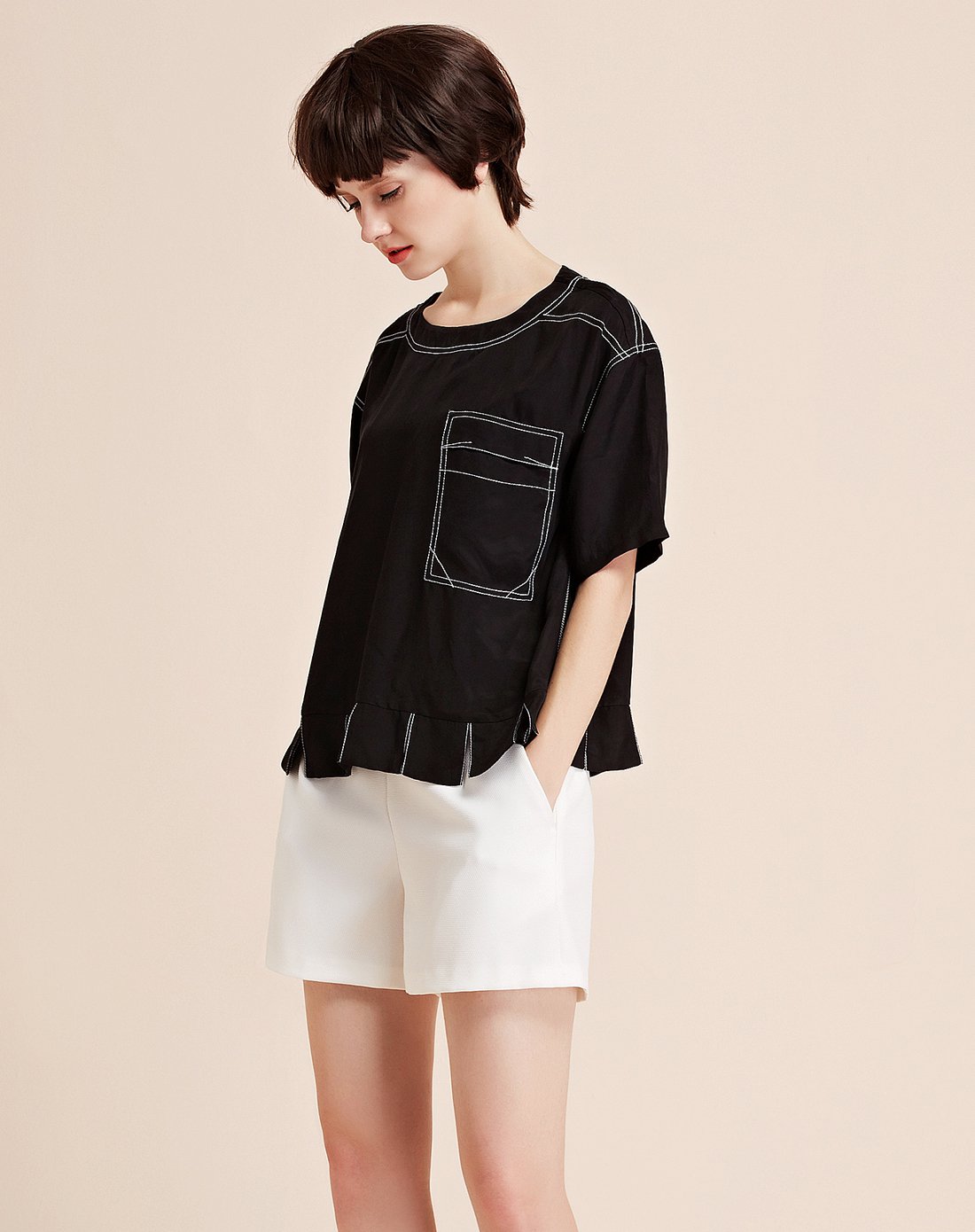 2017夏装新款圆领明线装饰休闲t恤