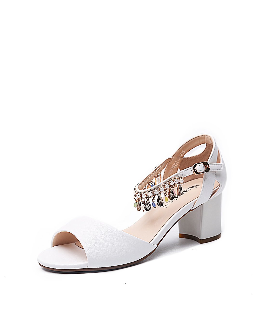 华耐女鞋夏季韩版中空时尚串珠圆头中粗跟女凉鞋