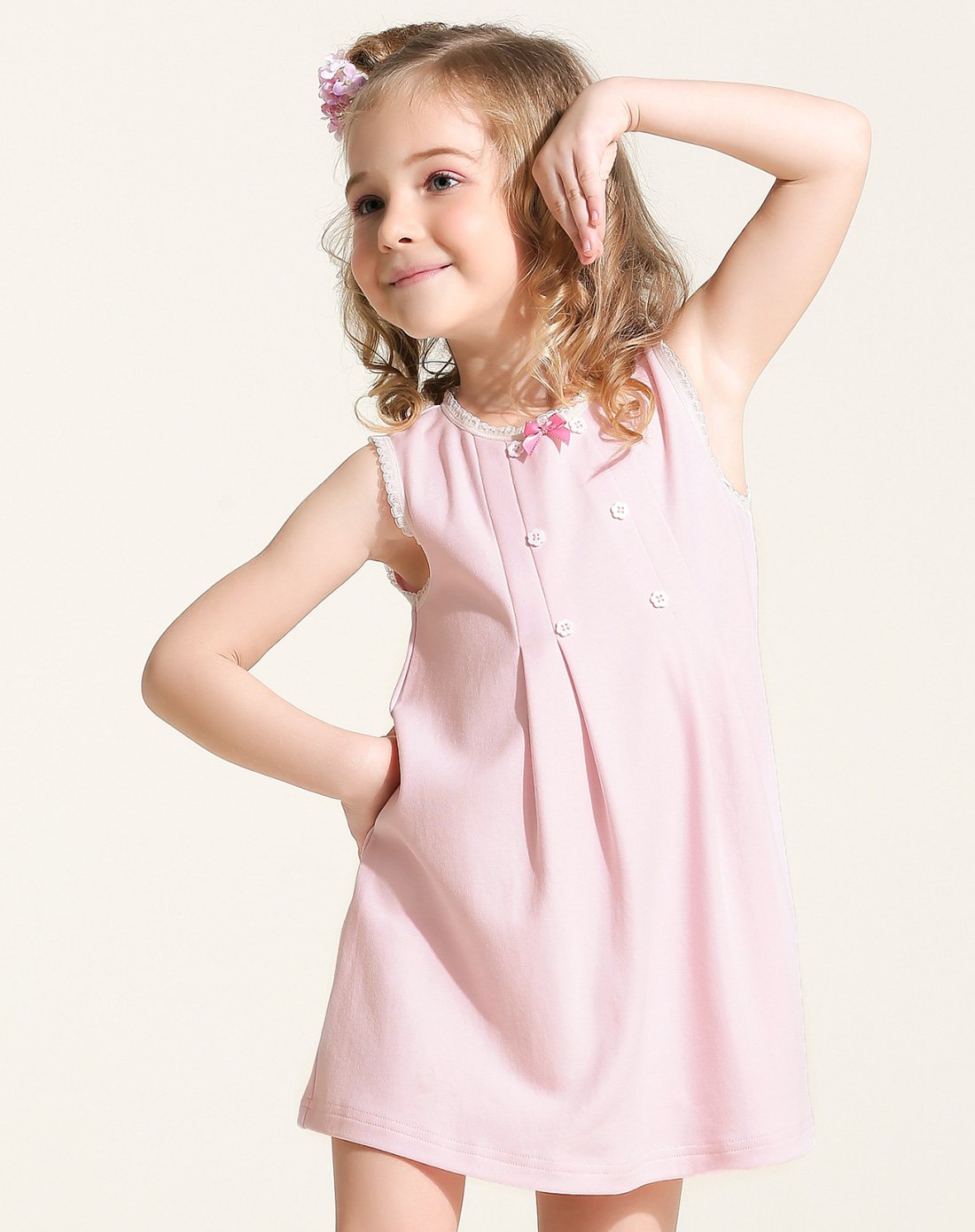 osa欧莎童装 女童素色蝴蝶结连衣裙粉红色