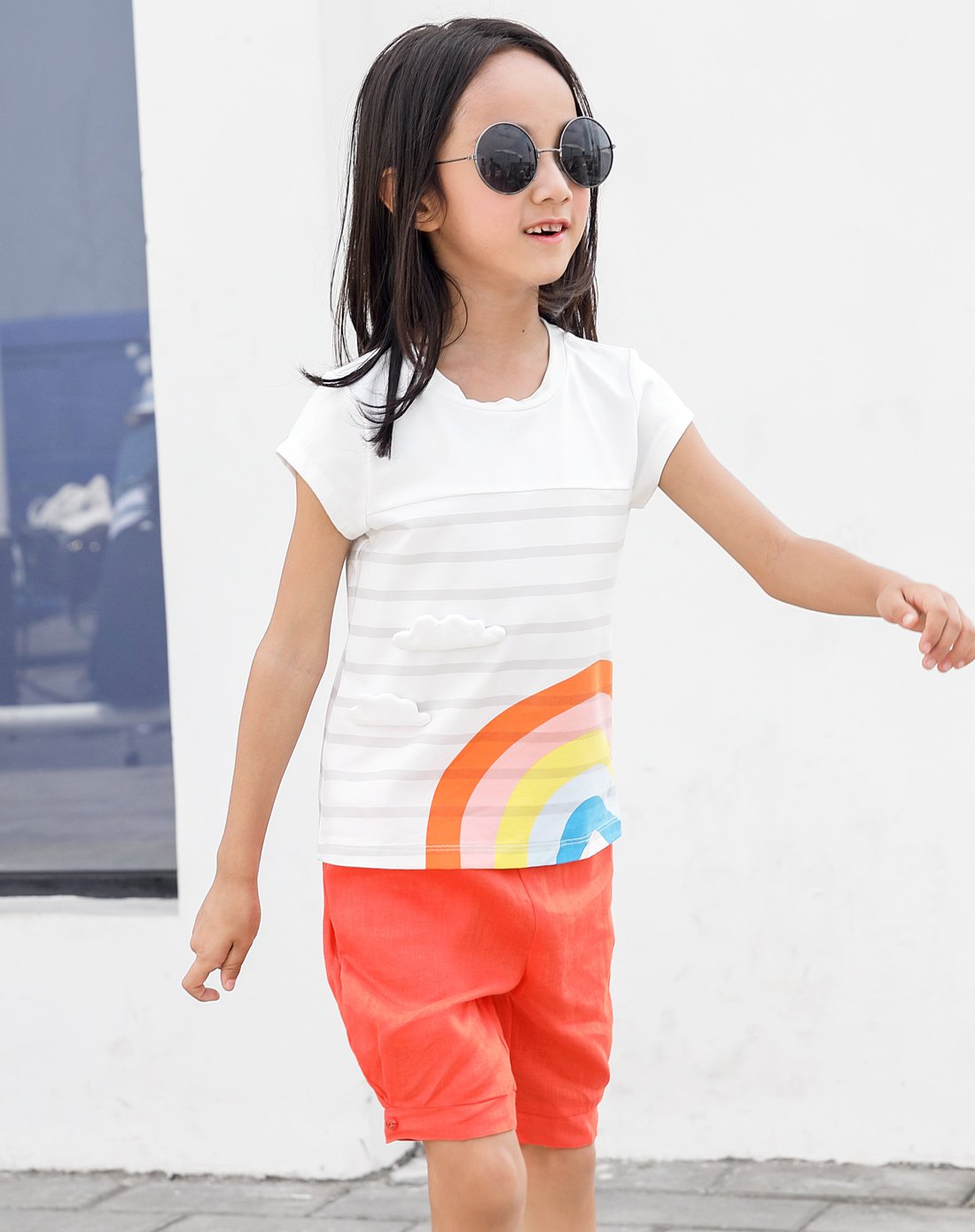 2018夏新款女童彩虹印花短袖上衣