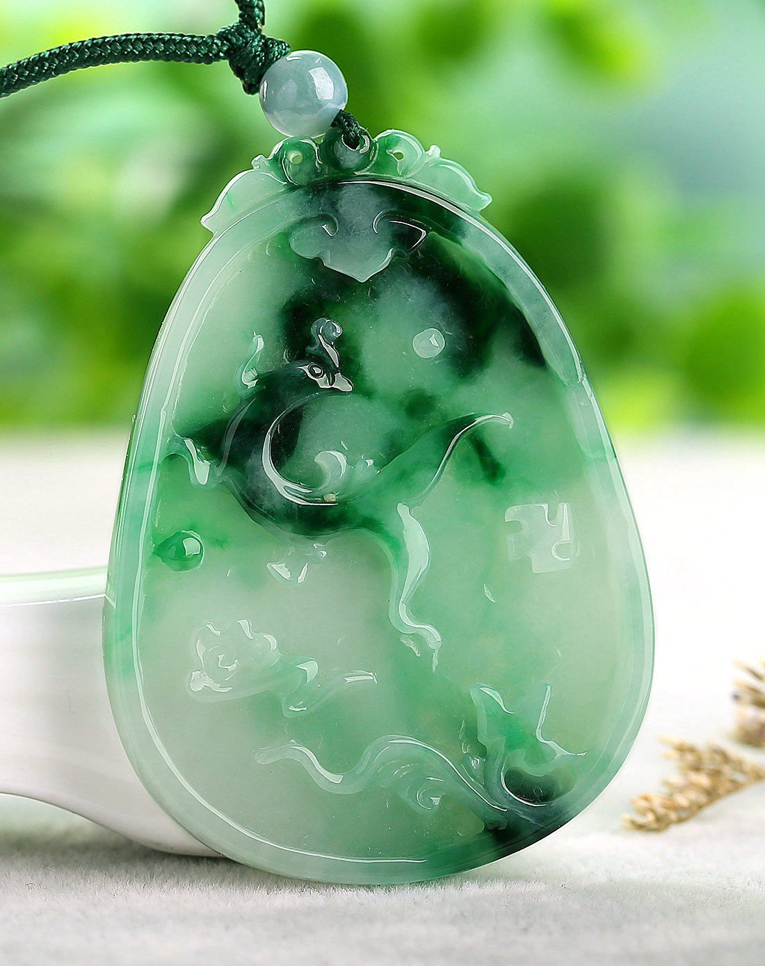 一品翠 天然翡翠a货阴雕花青种有凤来仪牌