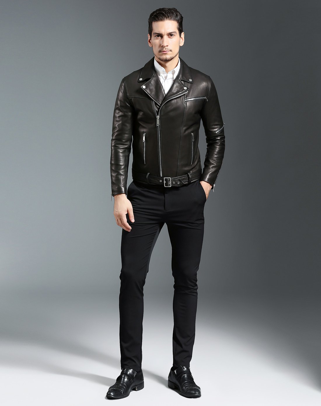 男款硬朗帅气金属拉链装饰机车款紧身皮衣