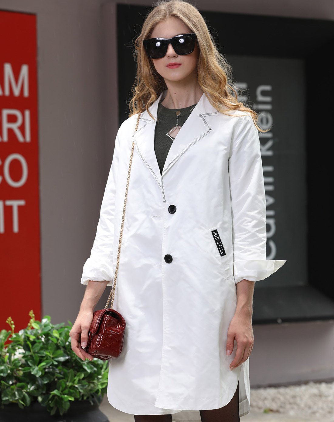 简约大气领口明线装饰宽松百搭中长外套白色