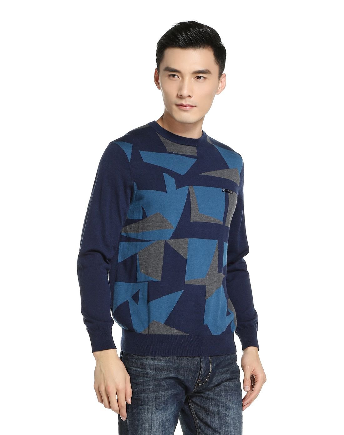 精纺圆领提花男套衫深酞蓝