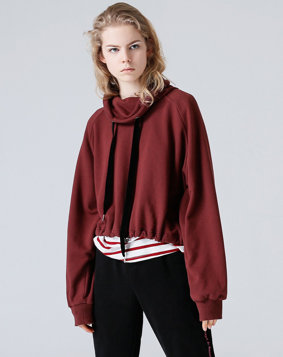 潮流休闲兜帽坎肩宽松净色长袖卫衣女