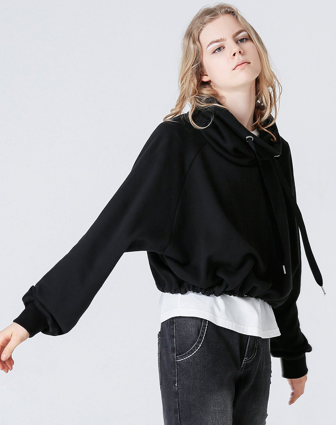 潮流休闲兜帽坎肩宽松净色长袖卫衣女