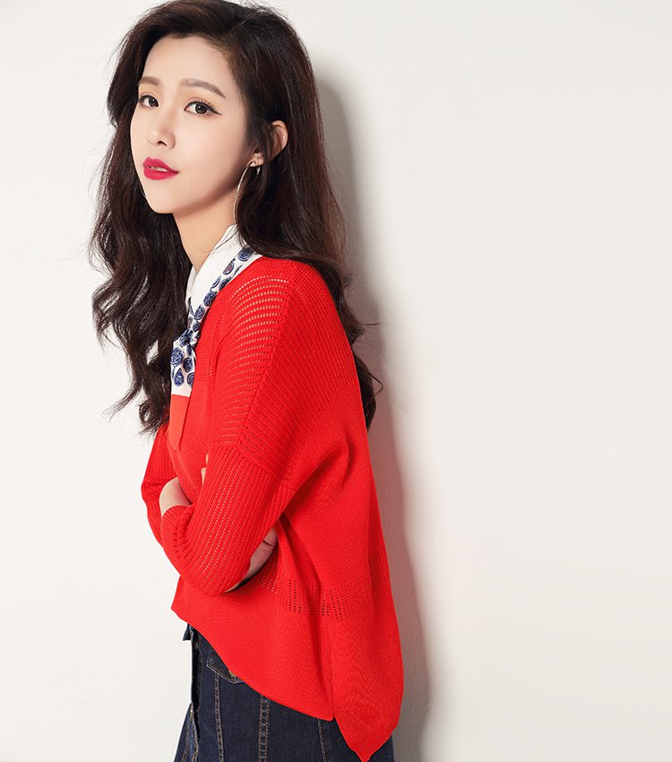 女式优雅衬衫圆领针织毛衣两件套