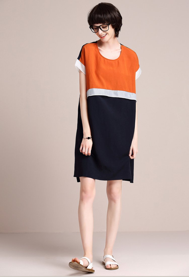 夏装新款女装宽松黑白拼接撞色连衣裙