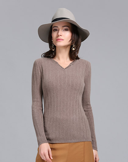 恩佐秋冬修身纯羊绒衫纯色简约现代圆v领长袖女毛衣