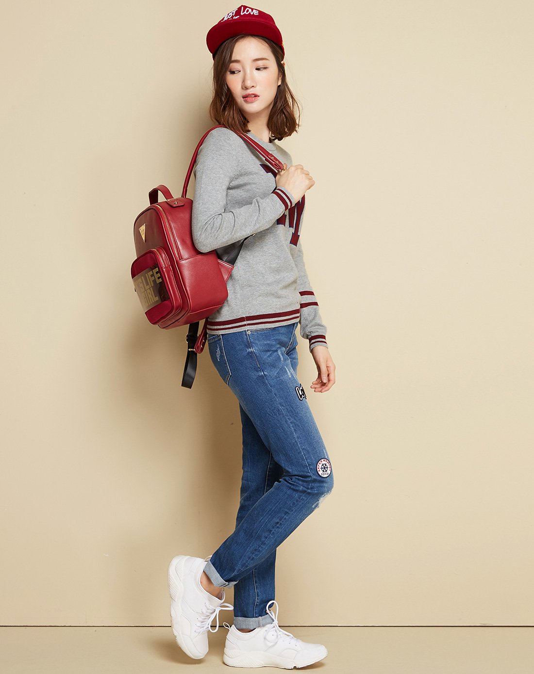 森马春秋装女士休闲圆领套头条纹ny字母提花毛衫针织衫