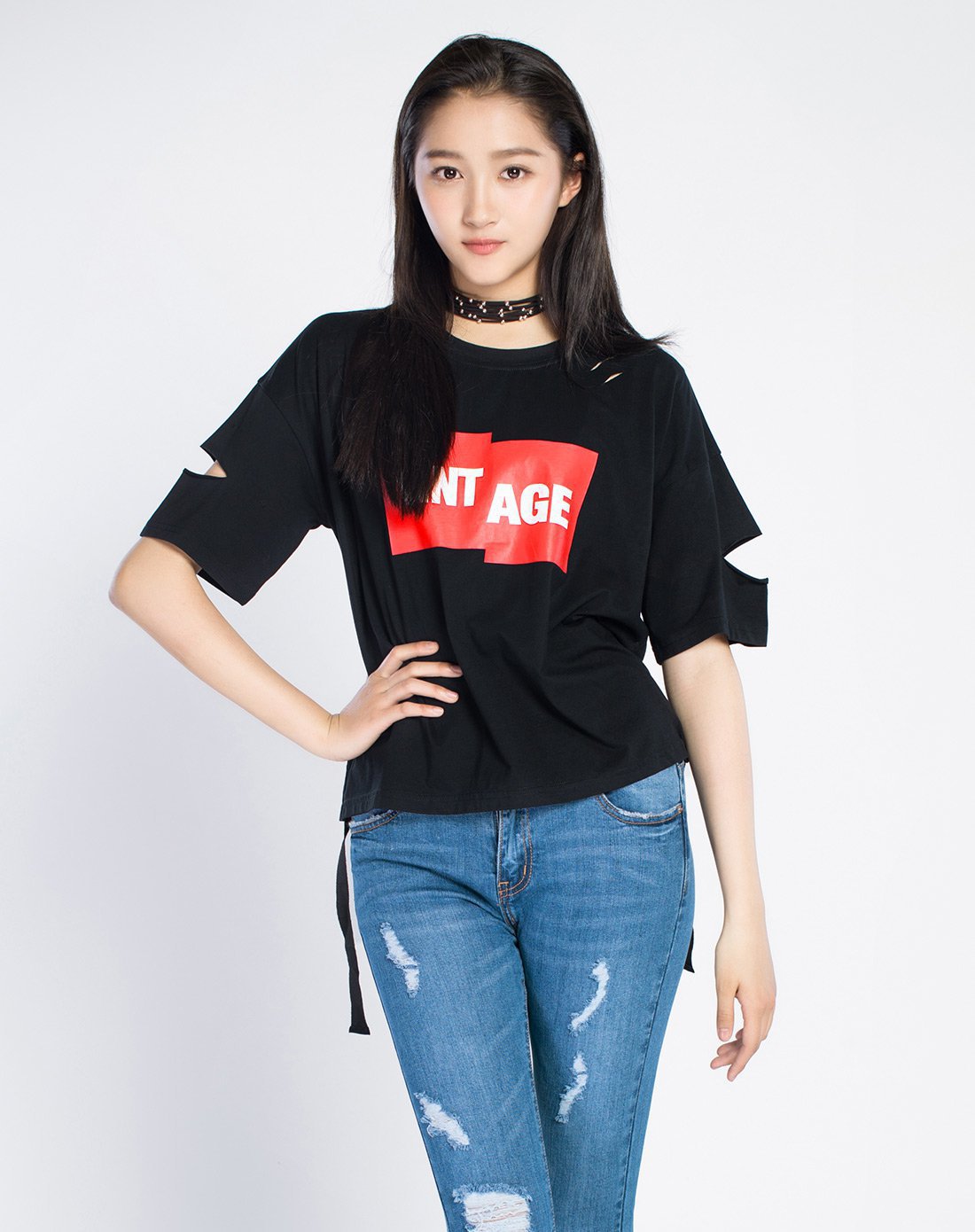 关晓彤明星同款2018夏季新品开口短袖t恤上衣