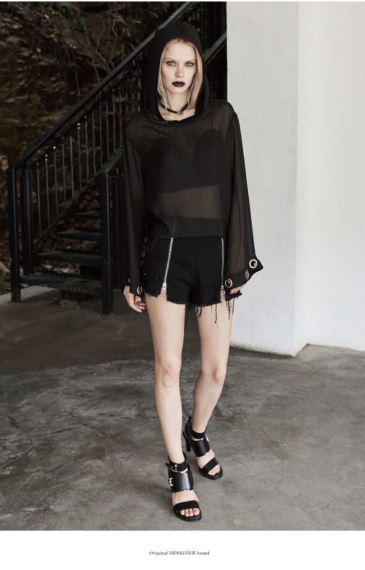 街头风防晒透视性感带帽宽松大码休闲朋克女装t恤上衣女