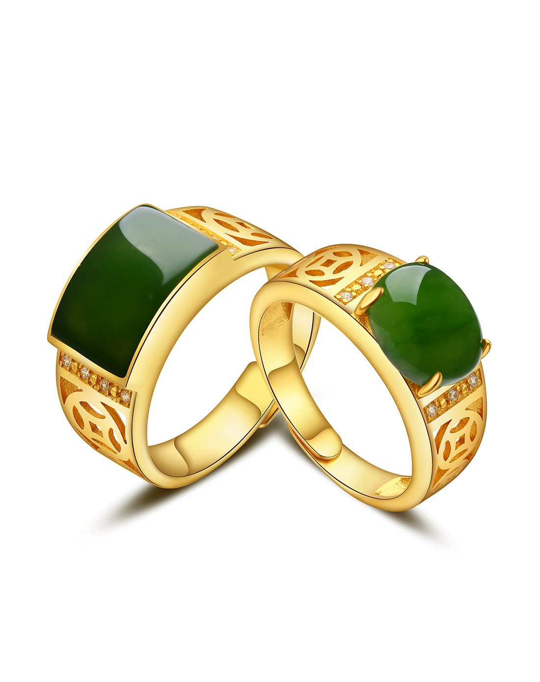 一品翠 s925银镶和田玉菠菜绿碧玉对戒