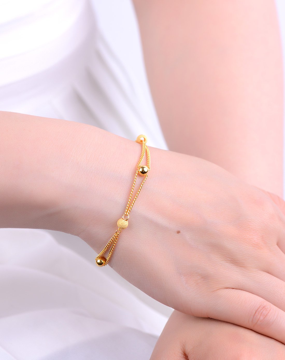 足金黄金手链光珠间磨砂双股链约5克 送礼